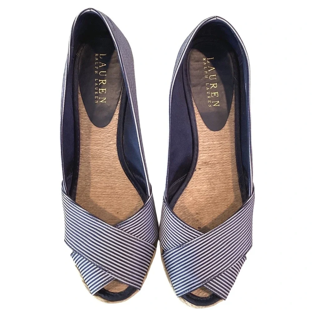 Lauren Ralph Lauren Cecilia Striped Espadrille Wedges Navy White Peep Toe 7.5